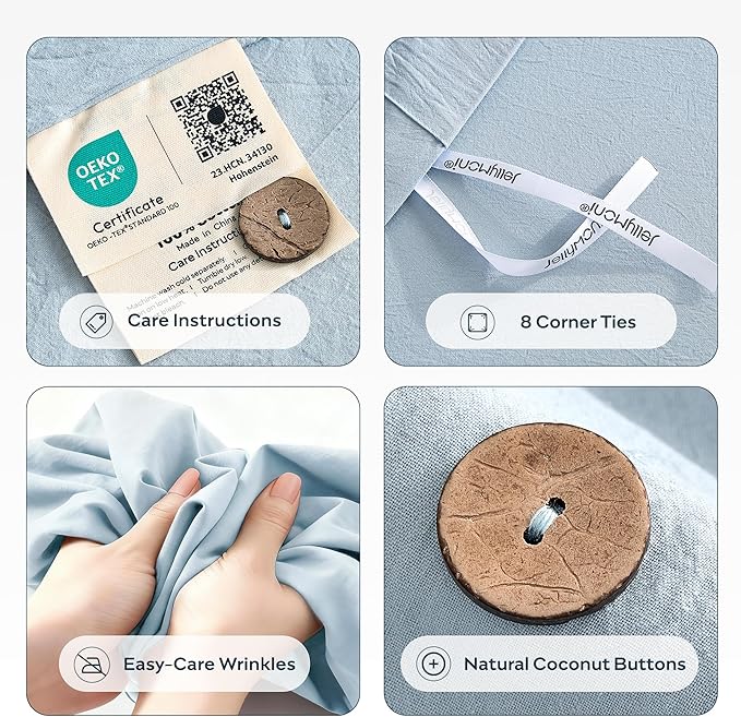 JELLYMONI 100% Washed Cotton Duvet Cover Full – Soft, Breathable Linen-Look Bedding with Natural Wrinkle Texture, Button Closure, 3-Piece Set (Mist Blue, 80"x90")