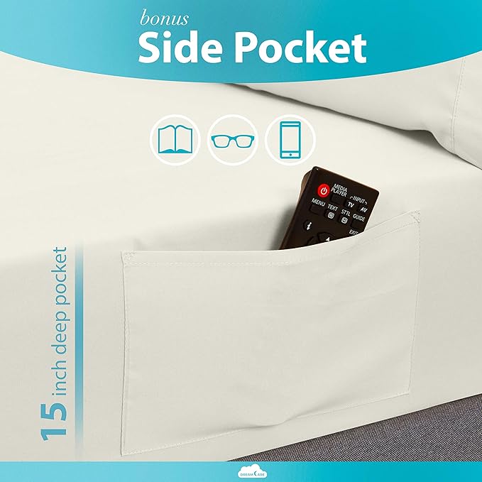 DREAMCARE Twin XL Sheet Sets – 3pcs Cooling Sheets – up to 15” Deep Pocket Twin XL Sheets Set – Hotel Luxury Sheets & Pillowcases – Superior Softness 100% Fine Microfiber with Side Pocket – Ivory DREAMCARE