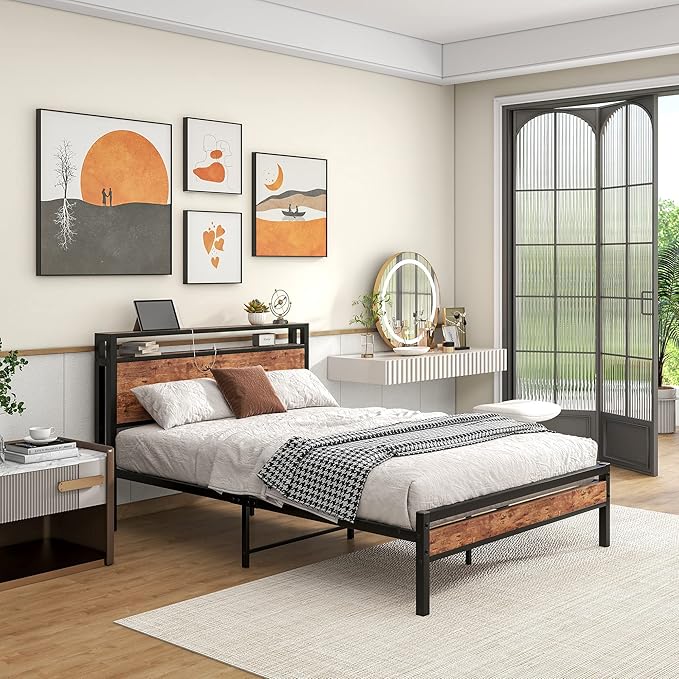 HOJINLINERO Full Size Bed Frame with Storage Headboard/USB Charging Station,Metal Platform Bed Frame Full Size No Box Spring Needed,Noise-Free,Strong Steel Slats Support,Rustic Brown