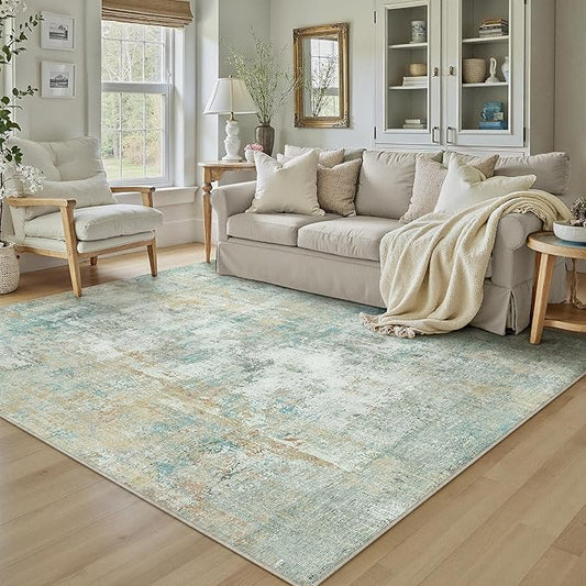 6x9 Washable Area Rug Teal Beige Abstract Living Room Bedroom Carpet Neutral Modern Non-Slip Soft Low Pile Lightweight Vacuumable Throw Rug for Dining Room Kitchen