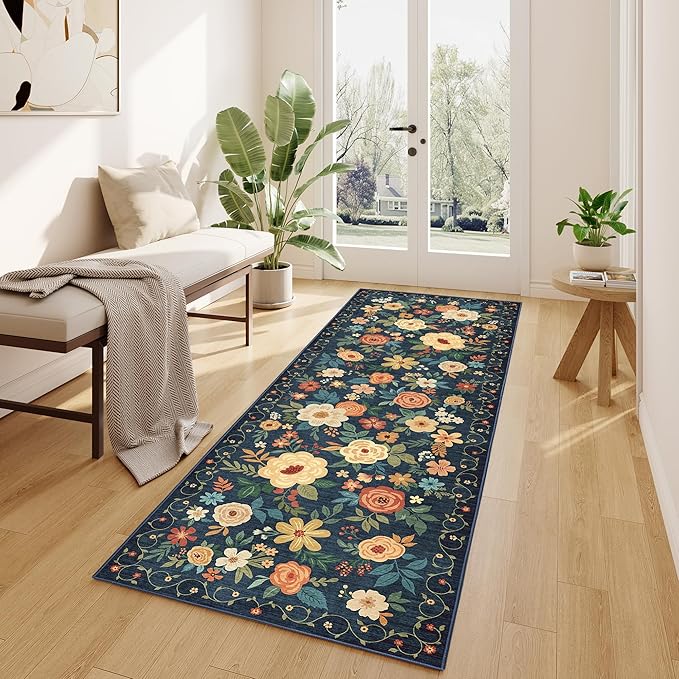 DUKINO Runner Rug, 2.6x8 Kitchen Rug for Hallway with Non Slip Backing, Washable Low Pile Soft Boho Floral Runner Carpet for Hallway, Kitchen, Entryway, Laundry, Bedroom, Dark Blue
