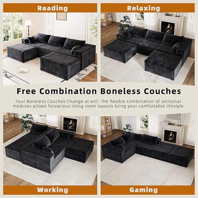 110" Cloud Couch Sectional for Living Room U-Shape Boneless Couches Modular Sectional Sofa with Deep Seat with Chaise,No Assembly Required, Carbon Black(Plush Corduroy Fabric)