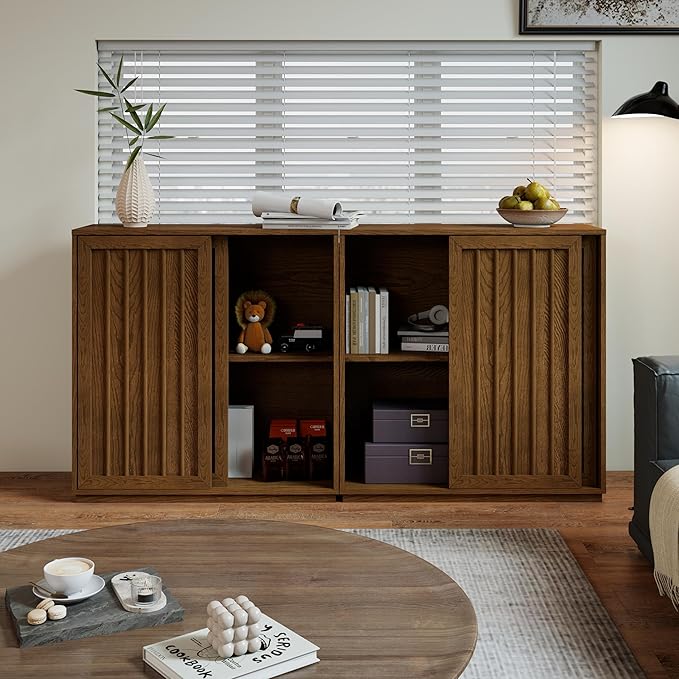 LKTART Mid Century Modern Sideboard Buffet Cabinet with 2 Fluted Sliding Door,Small Storage Cabinet with Outlet Holes for Living Room, Kitchen, Entryway, Hallway 32" Walnut