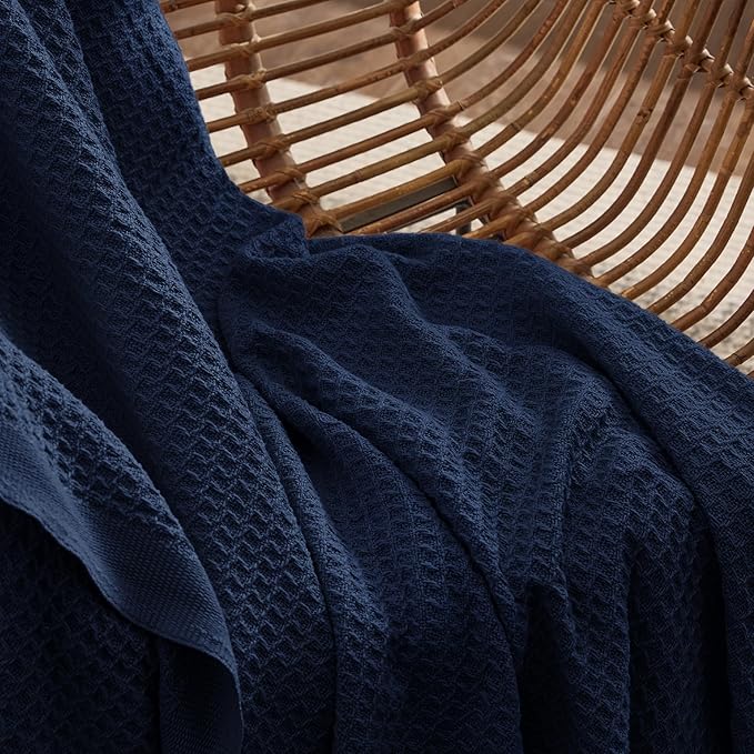 Bedsure Gentlesoft 100% Cotton Blanket Queen Size for Bed - Breathable and Soft, Thick Cozy Waffle Weave Christmas Blanket Gift for Women, Pageant Blue, 90x90 Inches
