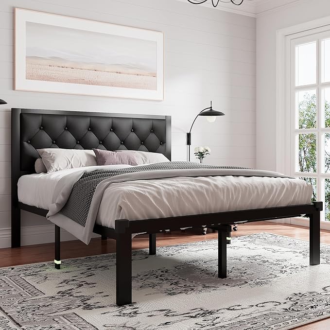 Feonase Full Size Metal Bed Frame with Faux Leather Button Tufted Headboard, Heavy-Duty Platform Bed Frame with 12" Storage, Steel Slats Support, No Box Spring Needed, Noise Free, Matte Black