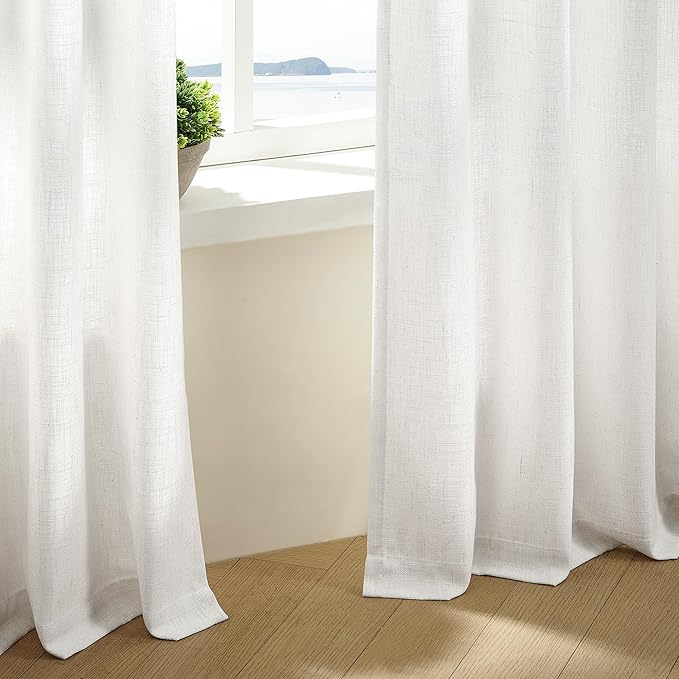 Beige White Linen Curtains Pinch Pleated 84 Inches Long for Living Room Bedroom Pleat with Rings Back Tab Semi Sheer Curtains 84 Inch Length 2 Panels Set Light Filtering Farmhouse Drapes