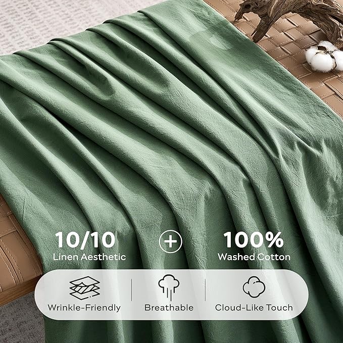 JELLYMONI 100% Washed Cotton Duvet Cover King – Soft, Breathable Linen-Look Bedding with Natural Wrinkle Texture, Button Closure, 3-Piece Set (Dusty Green, 104"x90")