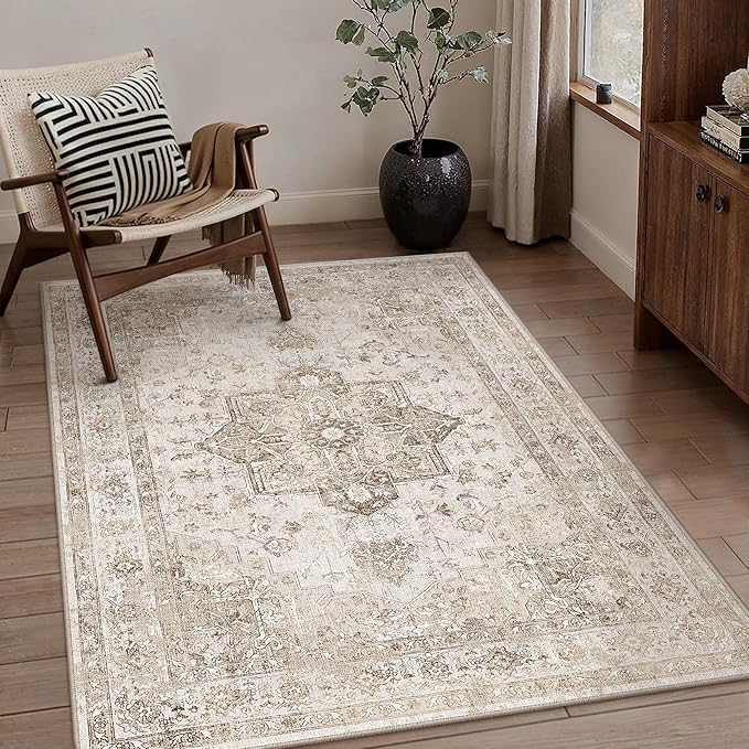 Taupe Area Rug 4x5 Washable Vintage Carpet for Office Kitchen Non Slip Retro Distressed Door Mat Low Pile Soft Oriental Medallion Thin Small Throw Rug Entryway Bedroom Bathroom Dining Room