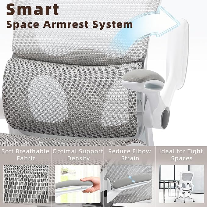 Office Chair, Ergonomic Desk Chair with Adjustable High Back 2D Lumbar Support Flip-up Armrests, Executive Breathable Mesh Comfy Swivel Rolling Computer Task Chair for Home Office Study Work Gaming