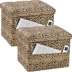 Storage Ottoman Foot Rest Stool, Small Velvet Storage Ottomans Bench, Folding Footstool with Side Pockets, Foot Rest Under Desk for Living Room Bedroom, 17x13x13 in, Leopard Print 2 Pack
