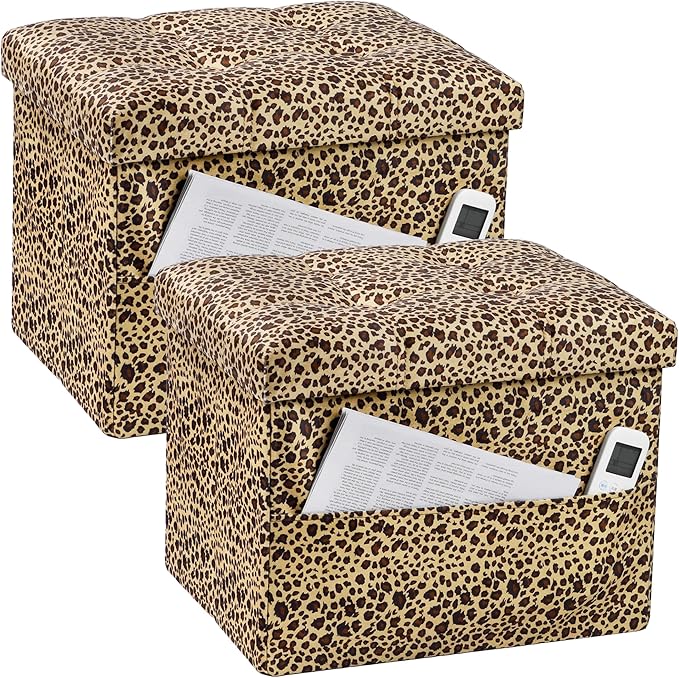 Storage Ottoman Foot Rest Stool, Small Velvet Storage Ottomans Bench, Folding Footstool with Side Pockets, Foot Rest Under Desk for Living Room Bedroom, 17x13x13 in, Leopard Print 2 Pack