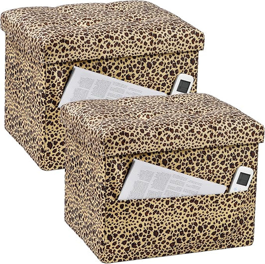 Storage Ottoman Foot Rest Stool, Small Velvet Storage Ottomans Bench, Folding Footstool with Side Pockets, Foot Rest Under Desk for Living Room Bedroom, 17x13x13 in, Leopard Print 2 Pack