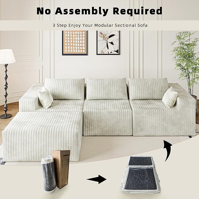 110" Cloud Couch Sectional for Living Room L-Shape Boneless Couches Modular Sectional Sofa with Deep Seat with Chaise,No Assembly Required, Carbon White(Plush Corduroy Fabric)