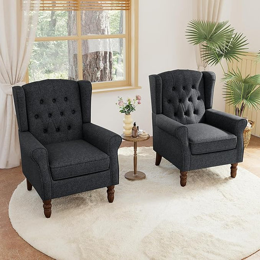 Lumibee High Back Accent Chair Set of 2,Upholstered Wingback Armchair with Solid Wood Legs for Small Spaces,Comfy Single Sofa Chair for Living Room,Bedroom,Office-Black Blue