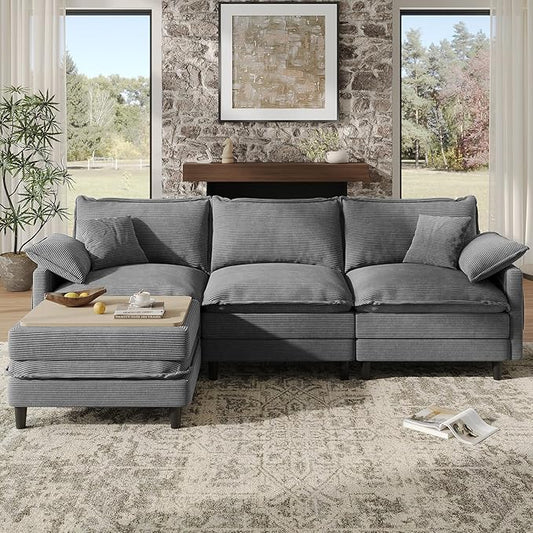 108" L Shaped Modular Sectional Cloud Couch with Ottoman, Snap-on Easy Installation 3 Seater Deep Seat Sofa with Storage Bag and Coffee Table for Living Room, Corduroy, Gray