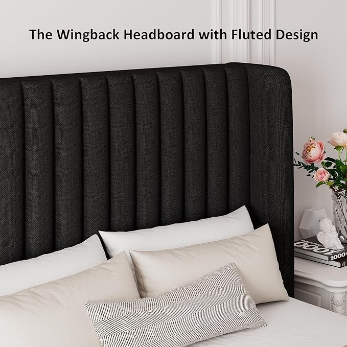 Queen Size Lift Up Storage Bed, Upholstered Platform Bed Frame with Wingback Headboard, Hydraulic System, Solid Wooden Slats Support, Noise-Free, Easy Assembly, No Box Spring Needed, Black