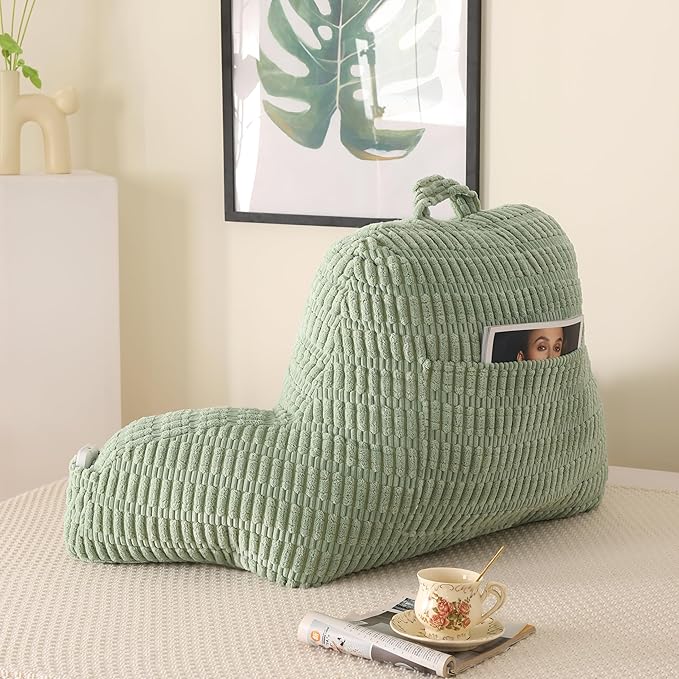 Reading Pillow for Sitting in Bed, Large Backrest Reading Pillow with Arm Rest,Back-Rest Support Cushion for Sit Up on Couch, Sofa, and Floor, Dorm Essentials (Green Corduroy, Standard(17"))