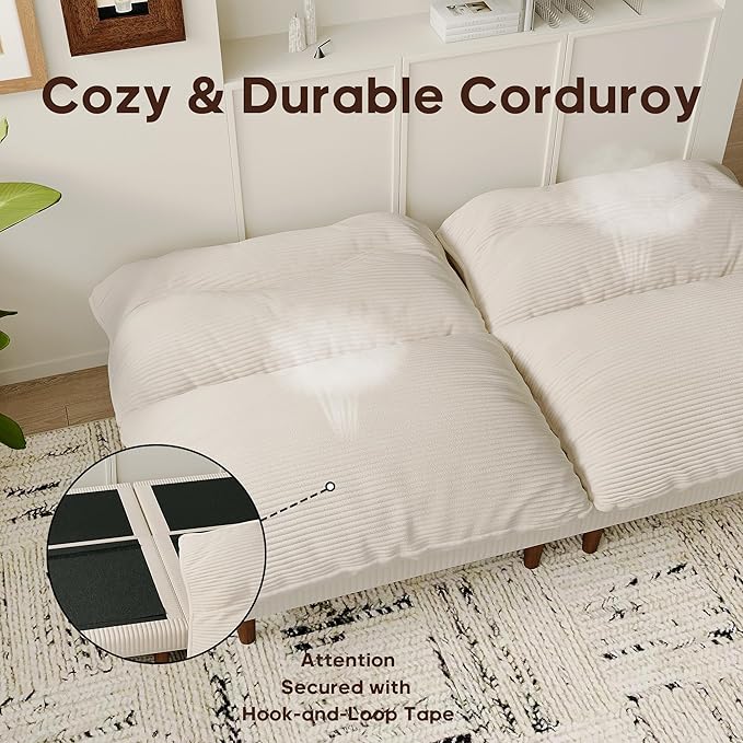Futon Sofa Bed, 4 in 1 Multi-Functional Futon Couch with Adjustable Backrest, 75 inch Convertible Sleeper Sofa Bed and Recliner Lounge, Corduroy Loveseat for Living Room, Apartment, Beige
