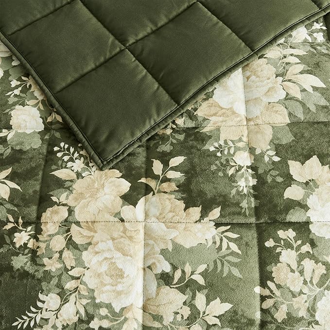 Wonderful Velvet Quilt Set, Box Stitched Army Green Velvet Lightweight Comforter King, Elegant Floral Printed, Pet-Friendly, Luxury Soft Cozy Bedspread Coverlet Bedding Set for All Season,106"x94"