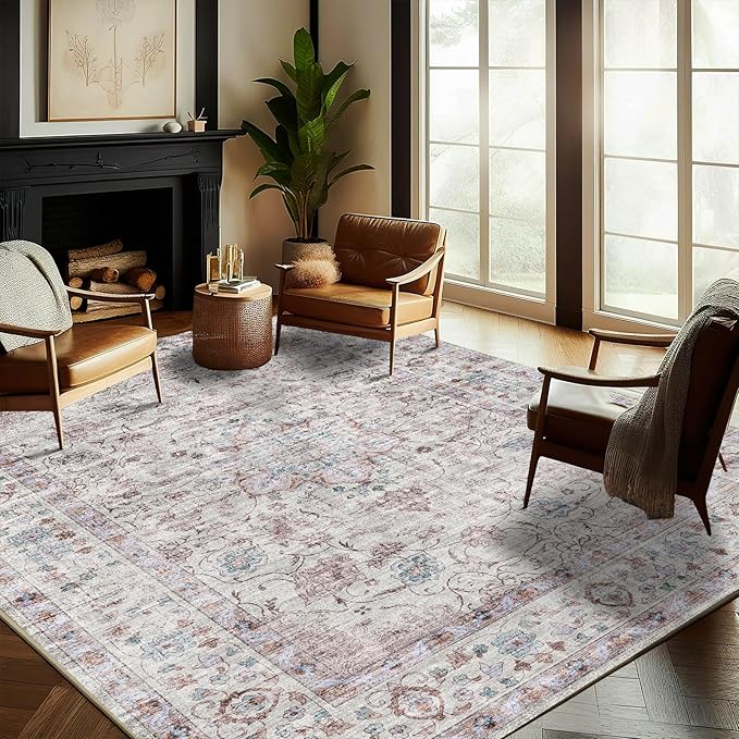 Washable Area Rug 8'x10' Retro Boho Design Non-Shedding Non-Slip Easy Care Ideal for High Traffic Areas in Living Room Bedroom Office Coffee Table Kitchen Large Carpet