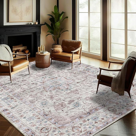 Washable Area Rug 9'x12' Retro Boho Design Non-Shedding Easy Care Ideal for High Traffic Areas in Living Room Bedroom Office Coffee Table Kitchen Large Carpet