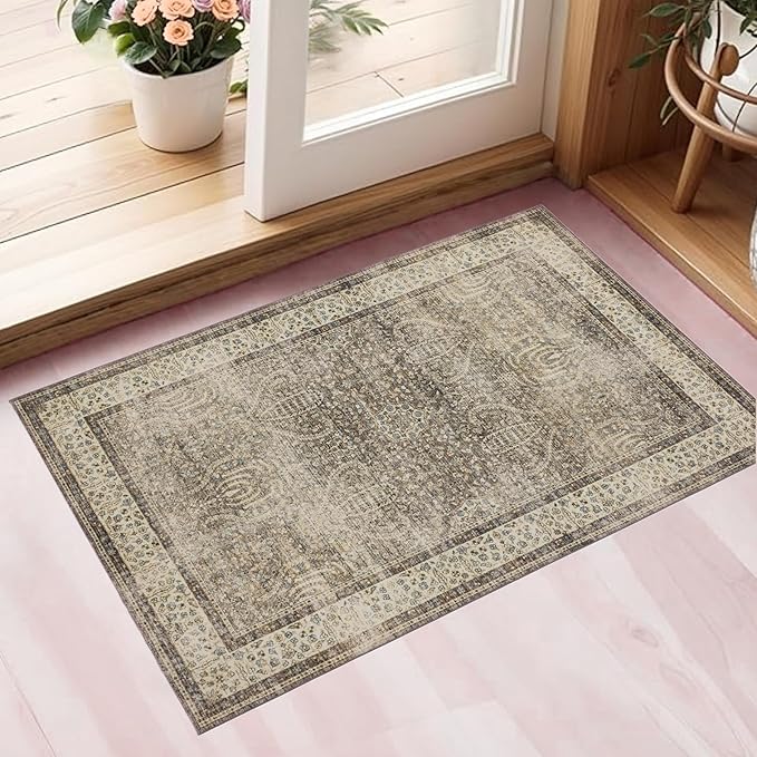 RCTJHOME 2'x3' Washable Entryway Rugs, Indoor Door Mat with 4 Non-Slip Tapes, Kitchen Bathroom Front Door Mat Indoor Entrance, Small Rugs and Mats, Retro Golden Brown Multi