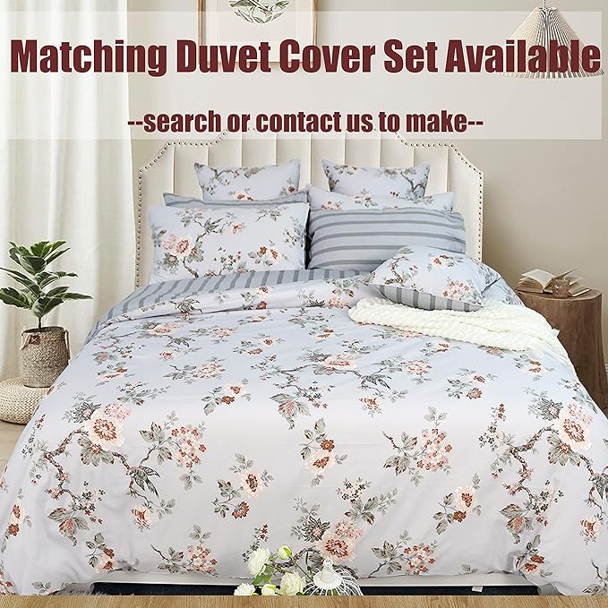 FADFAY Elegant Floral Bed Sheet Set Queen Size, 100% Cotton Ultra Soft with Deep Pocket Fitted Sheet, 4Pcs, Vintage Farmhouse Bedding Shabby Grey Bird Print Flower Pattern