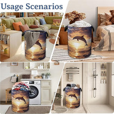 Dolphins Laundry Basket,Foldable Oxford Cloth Sunset Laundry Hamper With Handle, 20.8