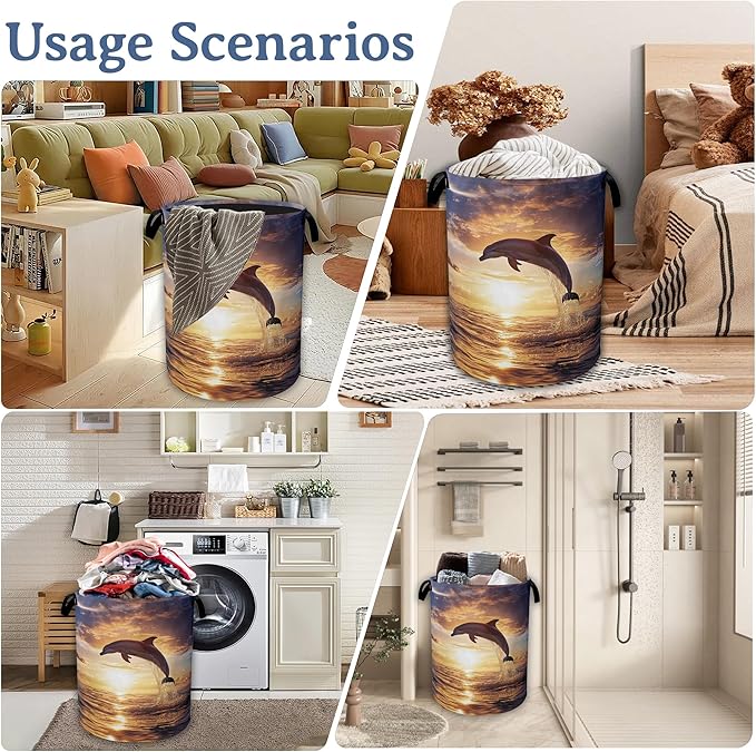 Dolphins Laundry Basket,Foldable Oxford Cloth Sunset Laundry Hamper With Handle, 20.8"x16" Portable Clothes Storage Basket Bag for Laundry Room/Bathroom/Bedroom/Dormitories