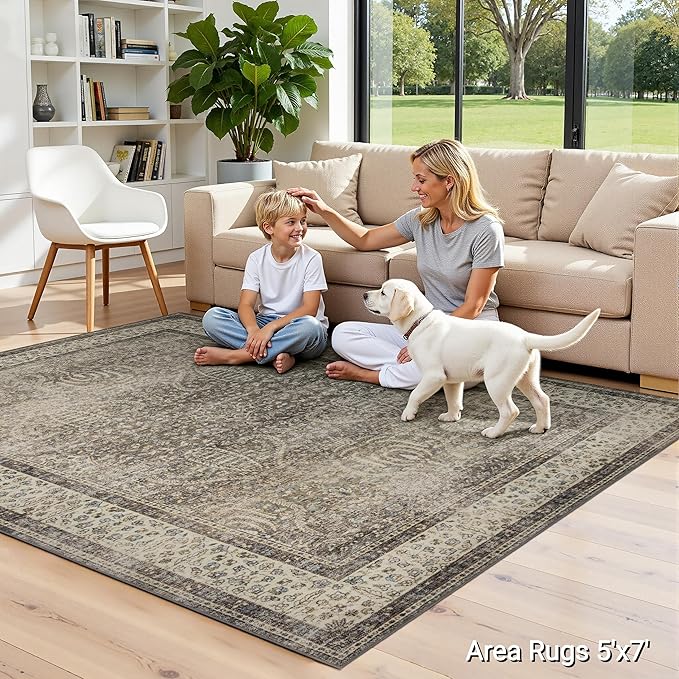 RCTJHOME 5'x7' Washable Area Rugs for loveseat Living Room/Twin Bedroom/Study Room, Modern Abstract Soft Carpet, Low Pile Floor Rug with Non Slip Backing for Dining Room, Retro Golden Brown Multi
