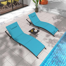 Patio Chaise Lounge Set 3 Pieces Pool Lounge Chairs,Cushioned Outdoor Folding Lounge Chair w/Rattan Adjustable Backrest for Poolside Porch,Folding Table Included,Turquoise Blue