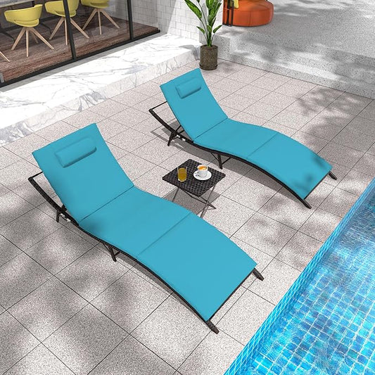 Patio Chaise Lounge Set 3 Pieces Pool Lounge Chairs,Cushioned Outdoor Folding Lounge Chair w/Rattan Adjustable Backrest for Poolside Porch,Folding Table Included,Turquoise Blue