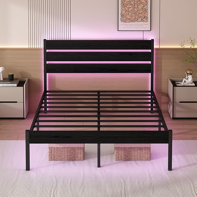 Full Size Bed Frame with Headboard,Heavy Duty LED Bed Frame with USB Charging Station,Mattress Foundation-Under Bed Storage, No Box Spring Needed, Noise Free，Black