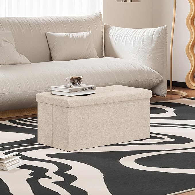 Youdesure Folding Storage Ottoman Bench, Footrest Couch for Living Room, 30 inch Storage Bench with Padded Seat for Bedroom Hallway, Holds up to 350lbs, Linen Fabric Beige