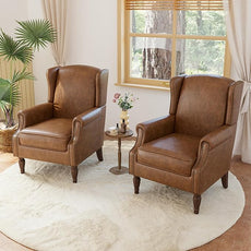 Lumibee Accent Chairs, Faux Leather High Back Armchair setof 2 or Living Room, Comfy Upholstered Single Sofa Reading Chairs with Solid Wood Legs for Office, Bedroom, Waiting Room-Leather Brown