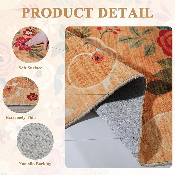 DUKINO 9x12 Area Rug, Floral Rugs for Living Room, Lightweight Non Slip Washable Rug, Indoor Low Pile & Non-Shedding Boho Design Rugs for Bedroom, Living Room, Dining Room, Orange