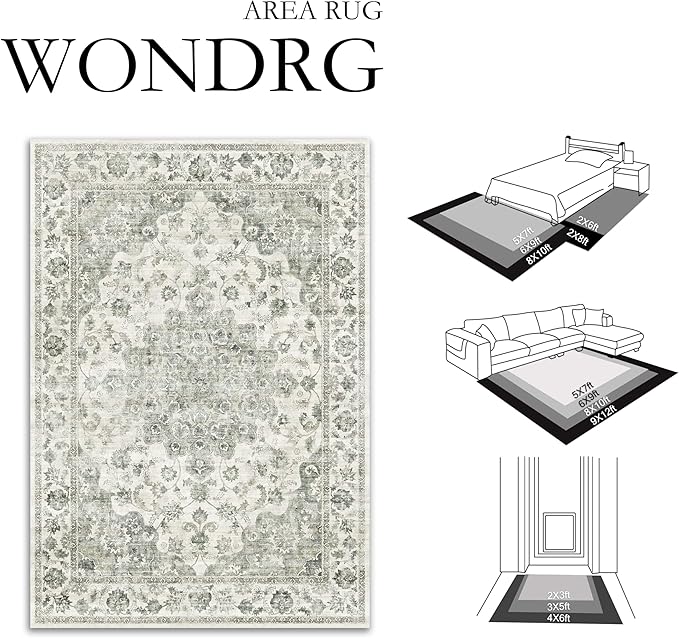 8x10 Washable Neutral Area Rug Green Vintage Living Room Bedroom Carpet Non-Slip Soft Low Pile Floral Indoor Large Throw Rug for Dining Room Office