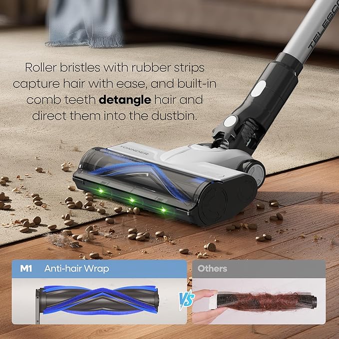 YONNDER Cordless Vacuum Cleaner, 50KPA/550W/70Mins Powerful Stick Vacuum for Home, Anti-Tangle, Self-Standing, Lightweight, Charging Dock, Vacuum Cleaner for Hardwood Floor/Carpet/Pet Hair/Car, M1