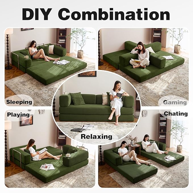 78.8" Convertible Sofa Bed -Compression Sofa with Corduroy Fabric - with Armrests and Backrest - Modular Sectional for Living Room, Bedroom, Studio - Compression Sofa in Box (Military Green)
