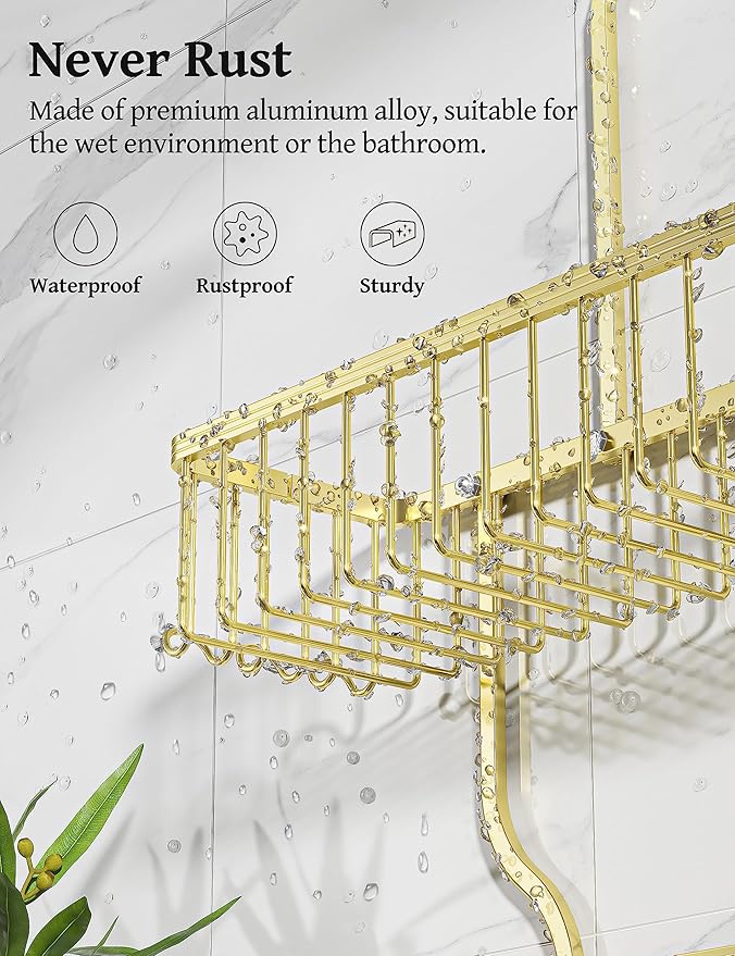 YASONIC Never Rust Shower Caddy Hanging Organizer - Aluminum Over-the-Showerhead Rack With 10 Hooks for Razor/Sponge and Soap Basket - Gold