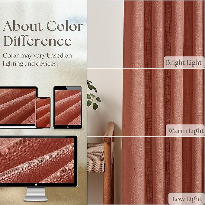 Extra Long Terracotta Linen Curtains 120 Inches Long Red Clay Farmhouse Rustic Curtain Light Filtering Semi Sheer Back Tab Pinch Pleat Curtain for Tall Ceiling Living Room 2 Panels Autumn Fall Decor