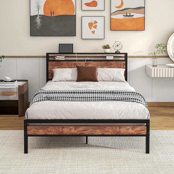 HOJINLINERO Full Size Bed Frame with Storage Headboard/USB Charging Station,Metal Platform Bed Frame Full Size No Box Spring Needed,Noise-Free,Strong Steel Slats Support,Rustic Brown