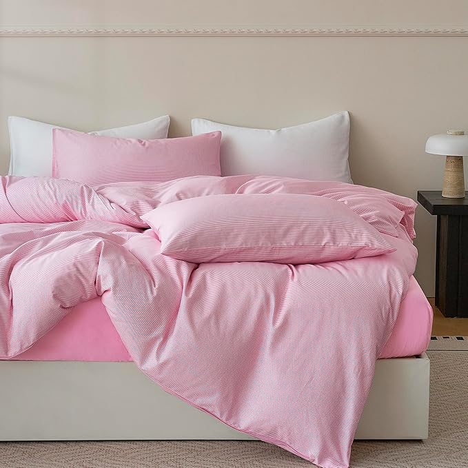 JELLYMONI 100% Natural Cotton 3pcs Striped Duvet Cover Sets,White with Pink Stripes Pattern Printed Comforter Cover,with Zipper Closure & Corner Ties(Queen Size)