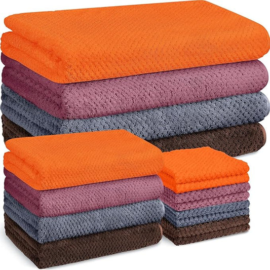Preboun 12 Pcs Bath Towels and Washcloths 4 Sets Microfiber Bathroom Beach Pool Towel Set Quick Dry Coral Velvet Highly Absorbent for Fitness Sports Shower Travel Spa Hotel(Warm Color)