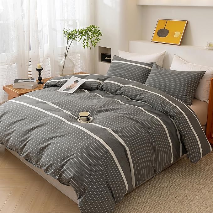 ECOCOTT Grey Striped Duvet Cover Oversized King Size, 100% Washed Cotton 3-Piece Bedding Set - Ultra Soft, Breathable & Easy Care with Zipper Closure and 2 Pillowcases, No Comforter