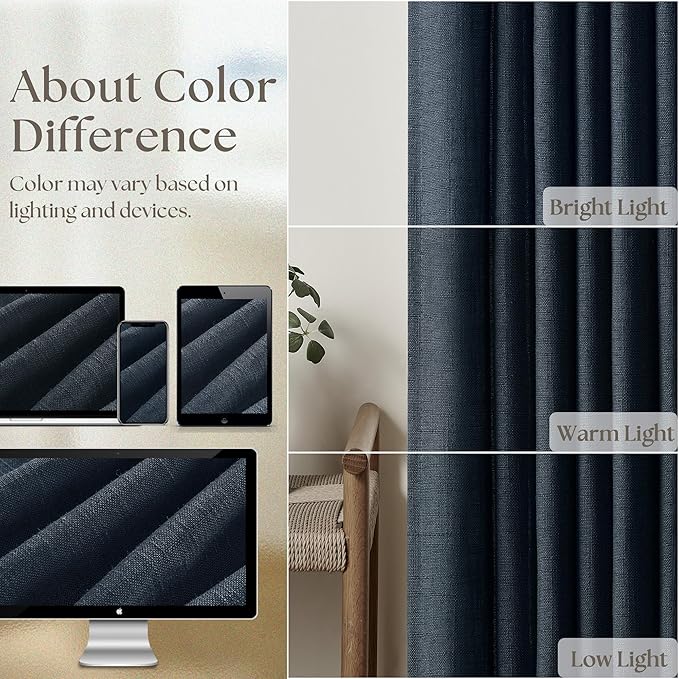 Extra Long Navy Linen Curtains 120 Inches Long Dark Blue Indigo Farmhouse Modern Curtain Light Filtering Semi Sheer Back Tab Pinch Pleat Curtain for Tall Ceiling Living Room Bedroom 2 Panels
