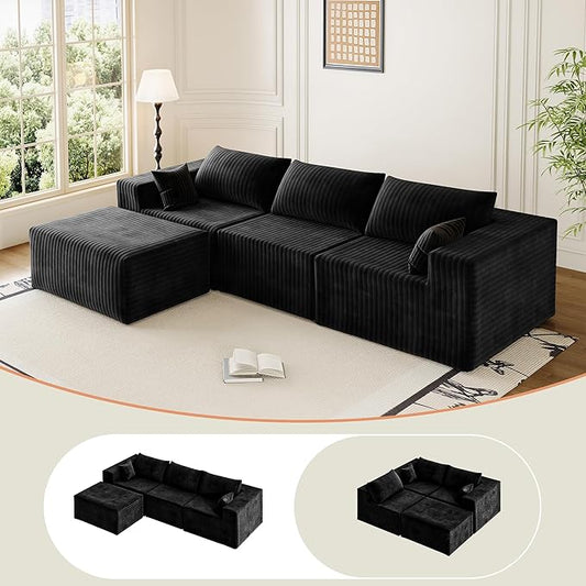 110" Cloud Couch Sectional for Living Room L-Shape Boneless Couches Modular Sectional Sofa with Deep Seat with Chaise,No Assembly Required,Carbon Black(Plush Corduroy Fabric)
