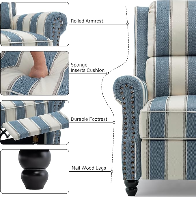 Recliner Chair Set of 2, Modern Pushback Armchair with Adjustable Backrest & Footrest for Bedroom, Living Room-Navy Blue Stripe