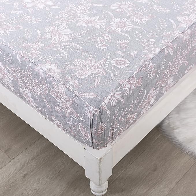 FADFAY California King Size Bed Sets Pink & Grey Girls Bedding Daisy Patterned Sheets Set 100% Cotton Super Soft All-Season Use (4Pcs, 1 Flat Sheet, 1 Fitted Sheet, 2 Pillowcases)