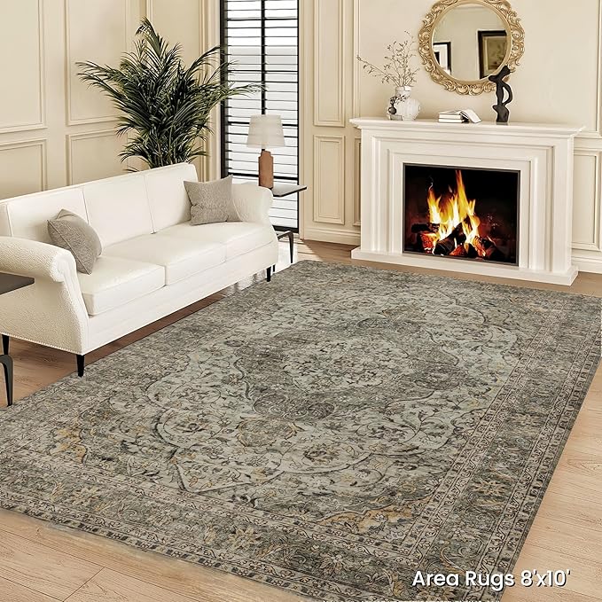 RCTJHOME 8'x10' Washable Area Rugs for Standard Sofa Living Room/Queen Bedroom, Ultra Soft Non-Slip Accent Large Carpet, Dining Room, Home Office, Low Pile Vintage Rug Distress Floral Forest Green